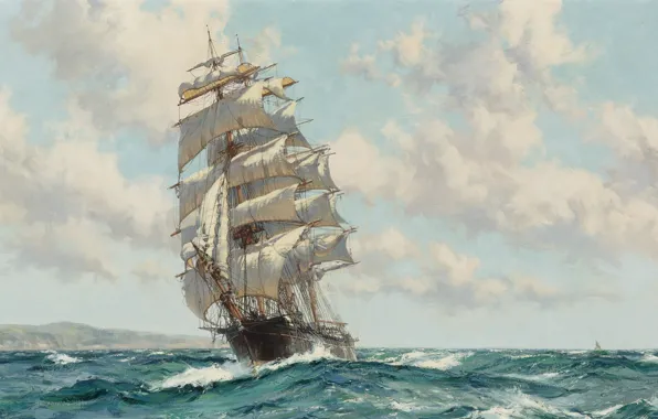 Картинка море, волны, фрегат, живопись маслом, парусный корабль