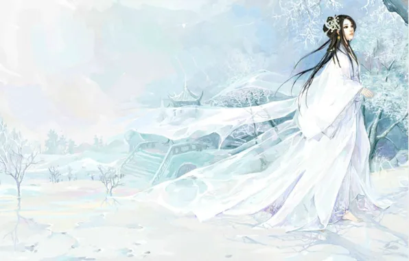 Картинка иней, снег, лестница, жрица, беседка, зимний пейзаж, босая, прозрачная ткань, белые одежды, Yuki Onna