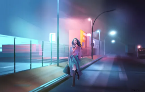Картинка city, girl, alone, cyberpunk, painting, digital art, illustration, backgroud, dawn of darkness, violet colors, neon …
