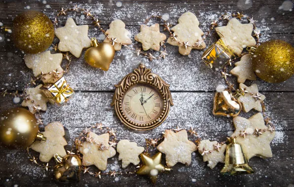 Картинка снег, украшения, печенье, Рождество, Новый год, new year, Christmas, wood, snow, cookies, decoration