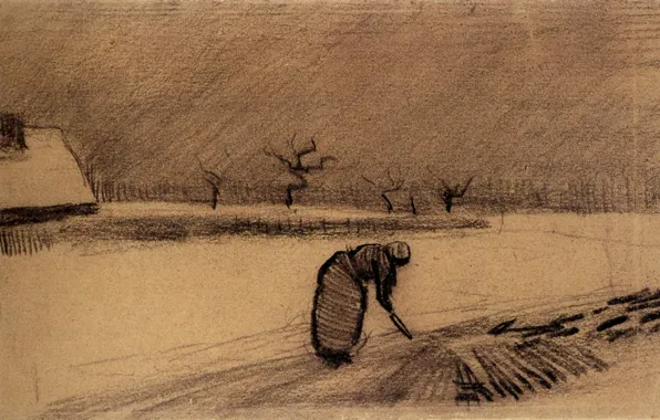 Картинка Винсент ван Гог, Woman with a Fork, in a Winter Landscape