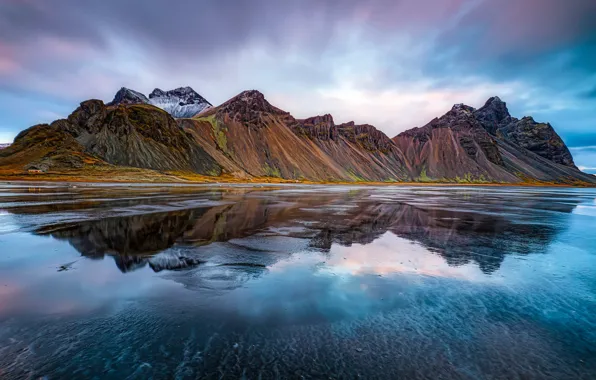 Картинка море, горы, отражение, Исландия, Iceland, Stokksnes, Стокснес, Гора Вестрахорн, Фьорд Хорнафьордюр, Vestrahorn Mountain, Hornafjörður