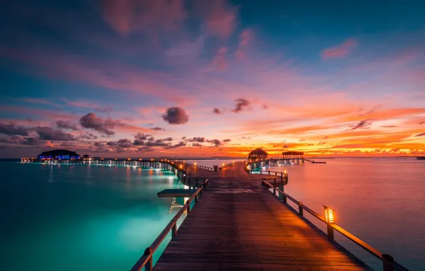 Картинка закат, мост, океан, Мальдивы, Индийский океан