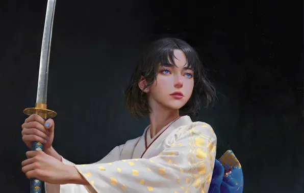 Картинка катана, кимоно, голубые глаза, серый фон, рукоятка, стойка, samurai, женщина-воин, by Yuhong Ding