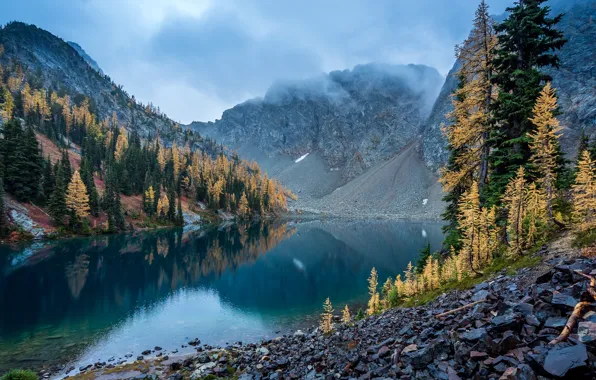 Картинка осень, небо, облака, деревья, горы, тучи, природа, озеро, США, North Cascades National Park