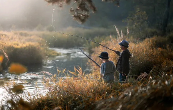 Картинка река, рыбалка, мальчики
