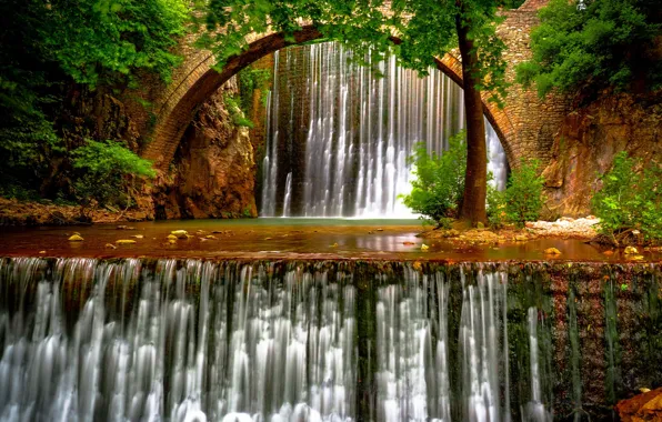 Картинка деревья, мост, река, Греция, водопады, Greece, Thessaly, Фессалия, Portaikos River, Palaiokaria Waterfalls