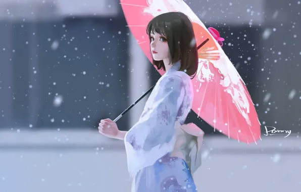 Картинка снег, стрижка, азиатка, юката, красный зонт, размытый фон, портрет девушки, под зонтом, by Bao Song …