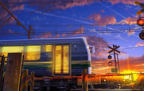 Картинка провода, поезд, электричка, иероглифы, восход солнца, шлагбаум, переезд, свет в окнах, синее небо, розовые облака, …