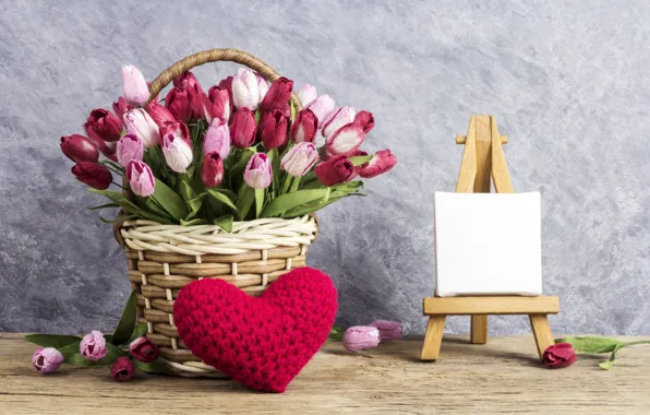 Картинка любовь, цветы, сердце, тюльпаны, love, розовые, корзинка, vintage, heart, wood, pink, flowers, beautiful, romantic, tulips
