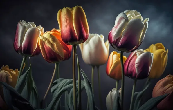 Картинка листья, цветы, dark, тюльпаны, натюрморт, flowers, background, leaves, tulips, still life, композиция, composition, floral, цветочная