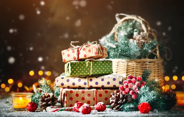Картинка снег, украшения, Новый Год, Рождество, подарки, christmas, balls, wood, winter, snow, merry, decoration, gift box, …