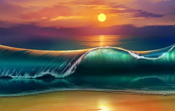 Картинка waves, beach, sky, sea, nature, Sun, sunset, art, clouds, digital art, artwork, painting art