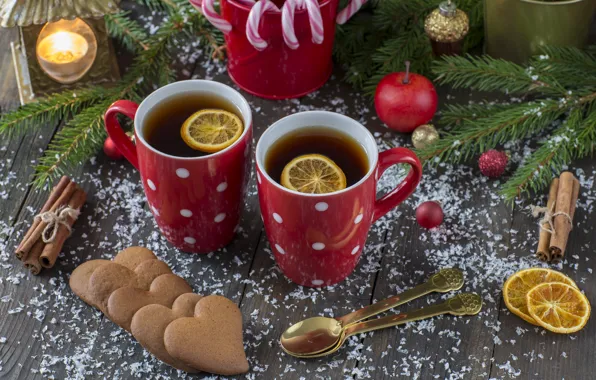 Картинка снег, украшения, Новый Год, Рождество, Christmas, snow, cup, New Year, tea, cookies, decoration, Merry, fir …
