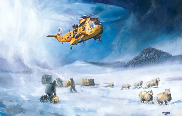 Картинка снег, рисунок, вертолет, спасатели, RAF, Sea King, Westland