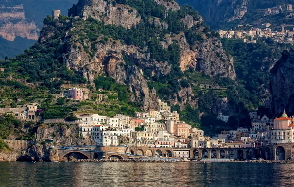 Картинка city, sea, landscape, Italy, Amalfi, coast, rocks, houses, buildings, bay, cityscape, church, cliff