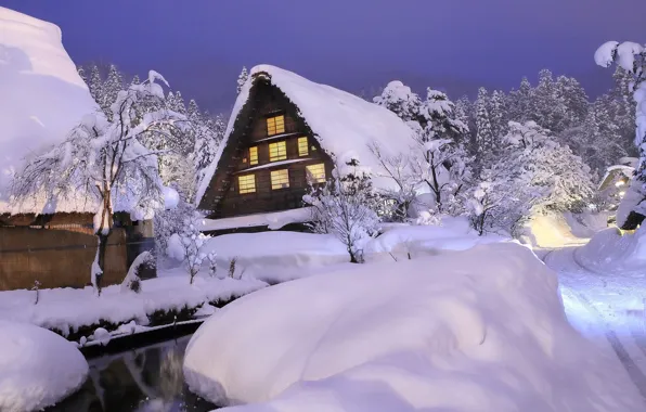 Картинка снег, дом, вечер