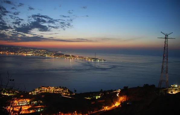 Картинка city, lights, twilight, sky, sea, landscape, Italy, nature, sunset, clouds, evening, Sicily, Calabria, Strait of …