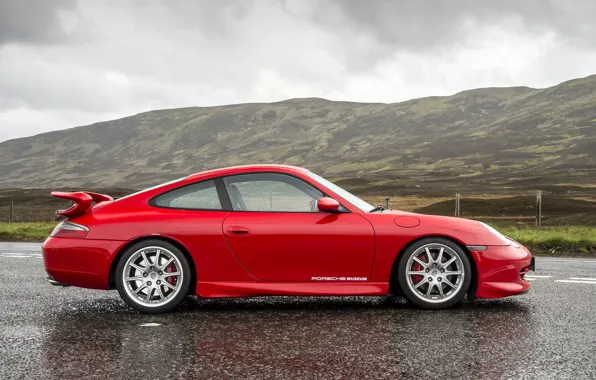Картинка Дорога, Холмы, Red, вид сбоку, Sportcar, Porsche 996 GT3