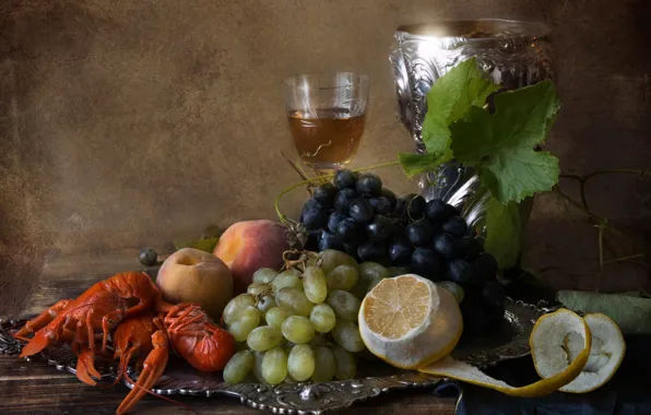 Картинка лимон, бокал, виноград, фрукты, натюрморт, персики, поднос, раки