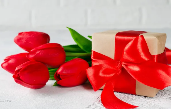 Картинка любовь, подарок, букет, лента, тюльпаны, красные, red, love, heart, flowers, romantic, tulips, valentine's day, gift …