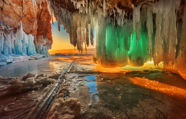Картинка зима, цвета, закат, природа, озеро, лёд, сосульки, Байкал, Владимир Рябков