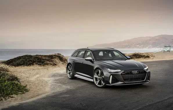 Картинка Audi, универсал, RS 6, 2020, 2019, тёмно-серый, у берега, V8 Twin-Turbo, RS6 Avant
