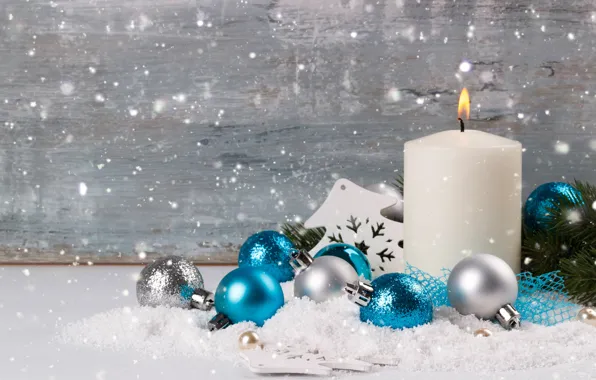 Картинка снег, снежинки, шары, елка, Новый Год, Рождество, Christmas, balls, wood, blue, snow, New Year, snowflakes, …