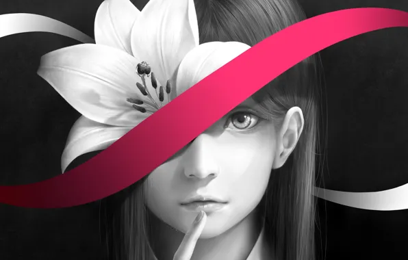 Картинка цветок, девушка, лилия, лента, bouno satoshi
