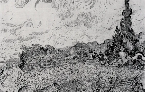 Картинка Vincent van Gogh, чёрно - белое, Wheat Field with Cypresses