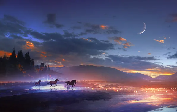 Картинка животные, небо, вода, облака, деревья, пейзаж, горы, луна, лошади, арт