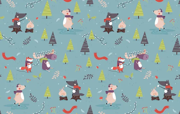 Картинка new year, holidays, animals, art, pattern, textures, funny, bears, foxes, 4k ultra hd background