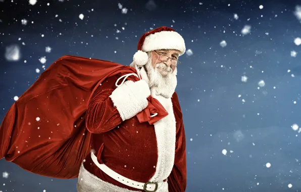 Картинка зима, снежинки, фон, праздник, шапка, очки, Рождество, подарки, Новый год, перчатки, шуба, борода, мешок, Дед …