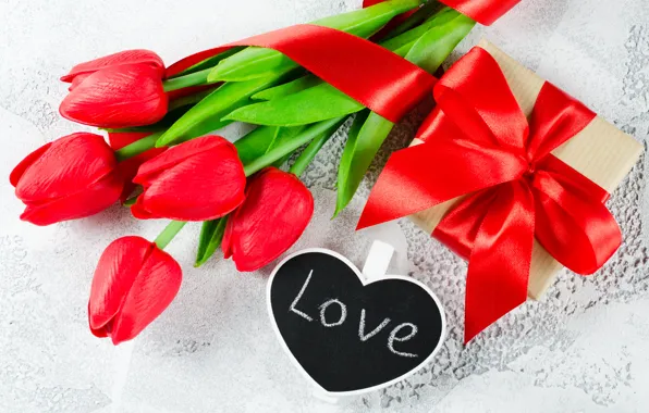 Картинка любовь, подарок, букет, лента, тюльпаны, красные, red, love, heart, flowers, romantic, tulips, valentine's day, gift …