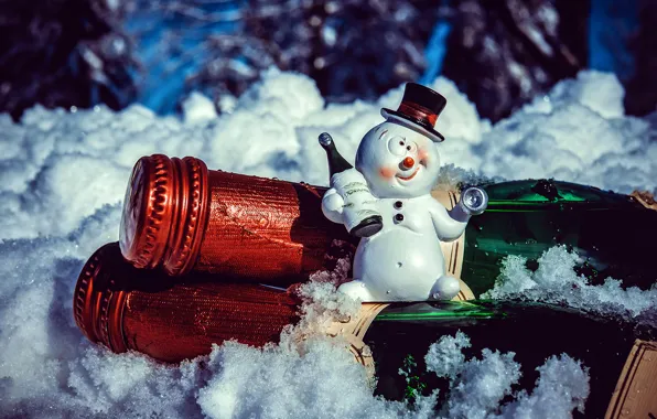 Картинка снеговик, прикольный, пьяный, сувенир, тост, с праздником, сидя на шампанском