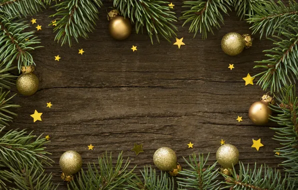 Картинка украшения, шары, Рождество, Новый год, golden, christmas, balls, wood, stars, decoration, frame, fir tree, ветки …