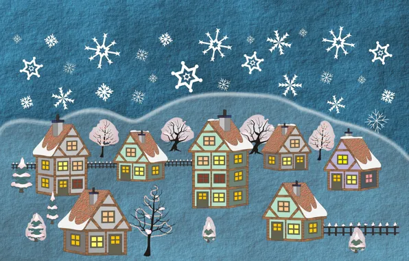 Картинка деревья, праздник, дома, Новый Год, Happy New Year, снегопад, с новым годом, Merry Christmas, 2022, …