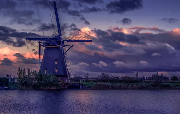 Картинка облака, пейзаж, природа, река, вечер, мельница, Нидерланды, Голландия