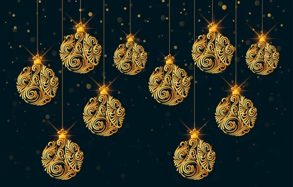 Картинка украшения, фон, золото, Рождество, Новый год, golden, christmas, черный фон, new year, happy, balls, background, …