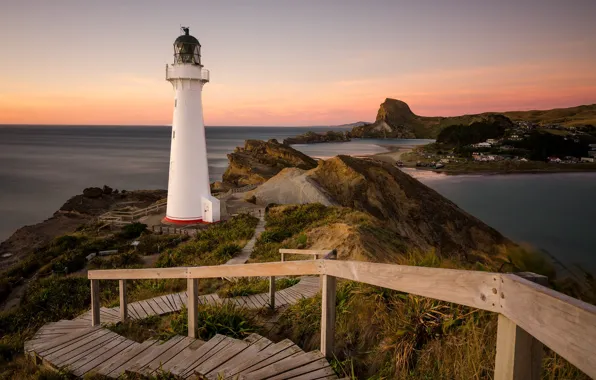 Картинка пейзаж, природа, океан, берег, маяк, Новая Зеландия, лестница, Castlepoint