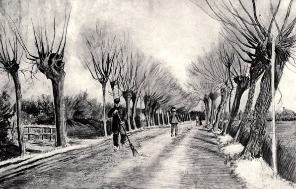 Картинка Vincent van Gogh, чёрно - белое, and Man with Broom, Road with, Pollard Willows, мужик …