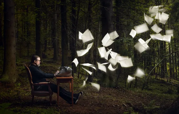 Картинка лес, человек, листы, творчество, пишущая машинка