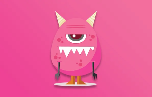 Картинка Monster, horns, minimalism, cartoon, eye, digital art, artwork, creature, simple background, teeth, pink background