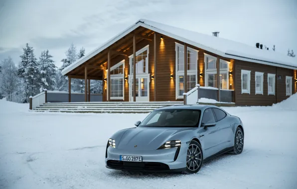 Картинка снег, серый, Porsche, 2020, у дома, Taycan, Taycan 4S