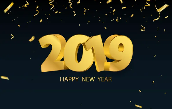 Картинка золото, Новый Год, цифры, golden, черный фон, black, background, New Year, Happy, sparkle, 2019