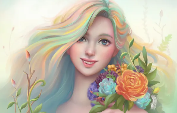Картинка девушка, цветы, улыбка, рисунок, портрет