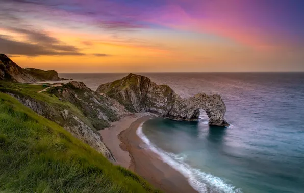 Картинка море, закат, скалы, побережье, Англия, арка, England, Ла-Манш, English Channel, Dorset, Дорсет, Jurassic Coast, Юрское …