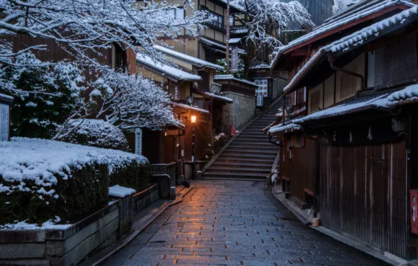 Картинка Дома, Зима, Дорога, Город, Япония, Снег, Лестница, Улица, Киото