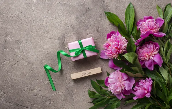 Картинка цветы, подарок, розовые, pink, flowers, пионы, peonies, gift box