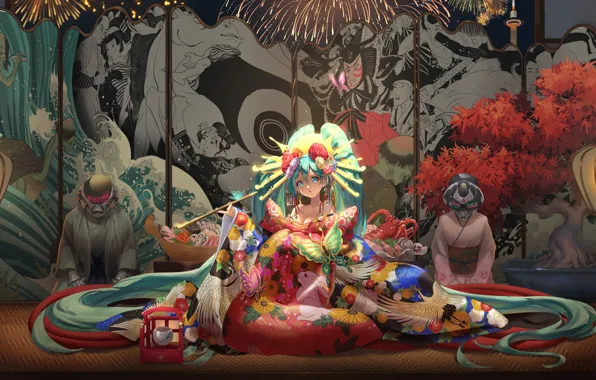 Картинка vocaloid, Hatsune Miku, games, butterfly, kimono, games girl
